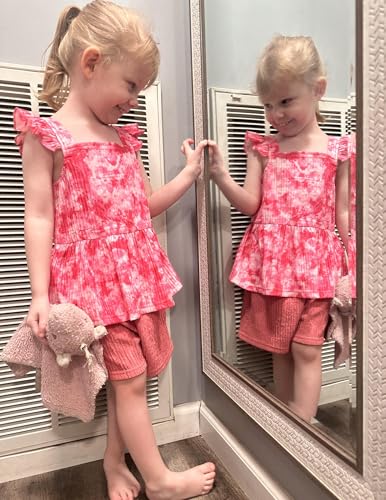 Image of Arshiner Toddler Girl Clothes 2 Piece Summer Outfit Ruffle Sleeveless Top and Shorts Set with Pockets 2-7Y