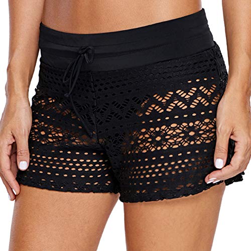 pekdi Sexy Women Swim Bottom Lace Hollow Out Solid High Waist Swim Shorts Pants Swimwear Black/Dark Blue-picture-42