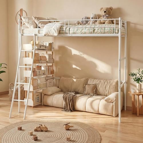 FetiNes Letto a Soppalco 90x200 cm in Metallo Robusto, per Adulti e Adolescenti con Protezione Anti-Caduta e Rete a Doghe, Spazio Inferiore Utilizzabile in Modo Flessibile, Bianca