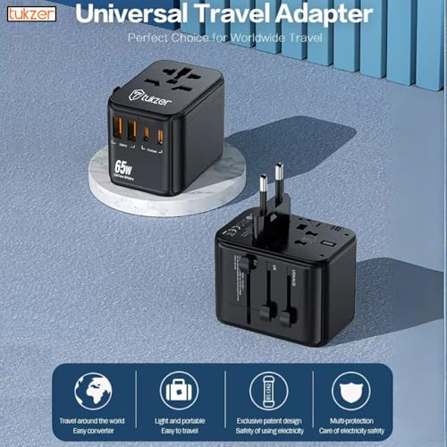 Image of Tukzer 65W Universal Travel Adapter, GaN Fast Charging Adapter with 2 Type C & 1 USB Ports, Universal Plug Socket, All in One International Travel Adapter for Laptop /MacBook & Mobile Charging- Black