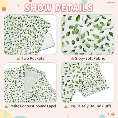 senya Green Small Leaf Satin Summer Pajama Sets Silk Short Sleeve Button Down Sleepwear3
