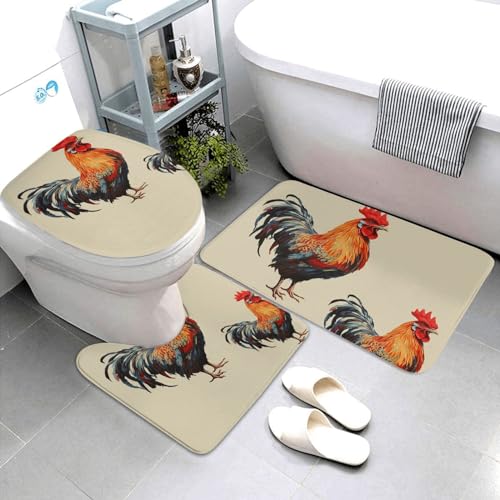 Dwrepo Animal Art Chicken Painting Print Bathroom Rug Set 3 Piece with Non-Slip U-Shaped Contour Mat and Toilet Lid Cover for Bathroom Decoration