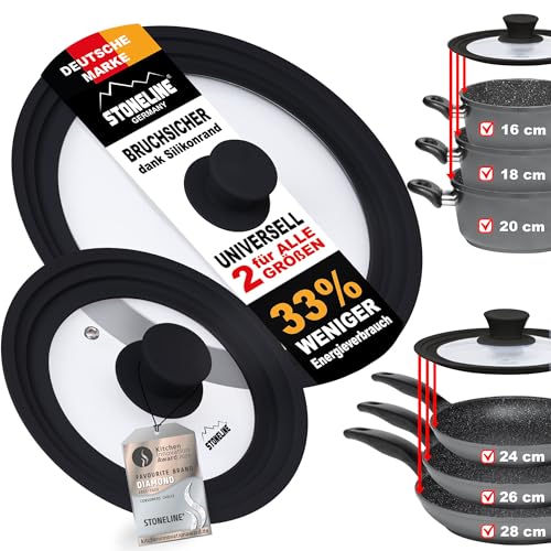 STONELINE Set de 2 Couvercles Universels en Verre pour Poêles Casseroles Faitouts de 16/18/20 cm et 24/26/28 cm, Bord en Silicone, 6 Tailles