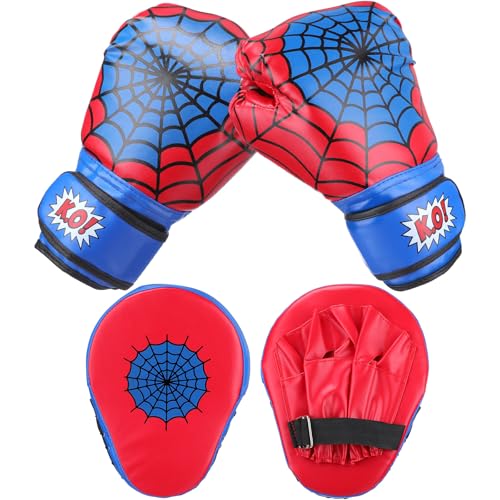 Motionchic Boxing Gloves and Punching Mitts Set 4oz Red Spider Gloves Boxing Pads Kids Youth Sparring Gear Training Equipment for Taekwondo Kick Karate Muay Thai MMA Martial Art