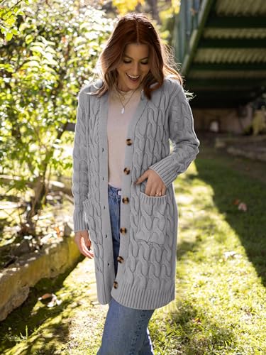 Image of PRETTYGARDEN Long Sleeve Cable Knit Long Cardigan for Women 2026 Spring Winter Chunky Open Front Button Sweaters with Pockets