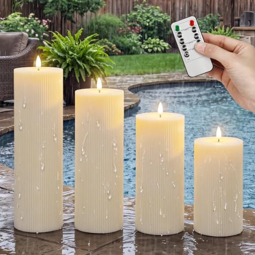 Image of Rossesay 8 inch 10 inch 12 inch 14 inch X 4 inch Large Waterproof Outdoor Flameless Candle, 4 Pcs LED Pillar Candle with Remote and Timer Battery Operated Jumbo Flickering for Halloween Xmas Church(Ivory White, Retro)
