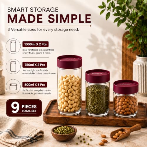 Image of CELLO Modustack Pet Storage Jar For Kitchen Set of 9 Pcs (1000ml x 2, 750ml x 2, 500ml x 5) Maroon | Freezer & Fridge Safe, Airtight Pet Kitchen Storage Box Container For Beans, Whole Grains, Spices