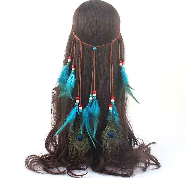 Miniatura 2 de Gangel Diadema de plumas turquesas, diadema de plumas indias hippie con plumas de pavo real, borla, cuerda de cáñamo para festival, diadema de