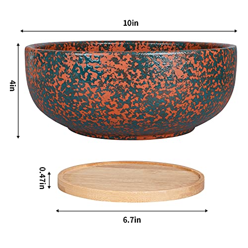 Fivepot 10 Inch Large Terracotta Planter Succulent Plant Bowl Deep Flower Pot Indoor And Outdoor Decor Drainage Bamboo Tray #TOP1