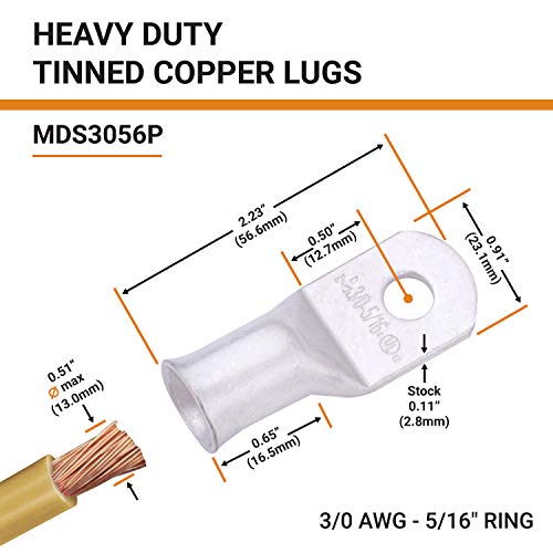 Image of SELTERM 10pcs 3 /0 AWG 5 /16 inch Stud Marine Grade Tinned Copper Battery Lugs