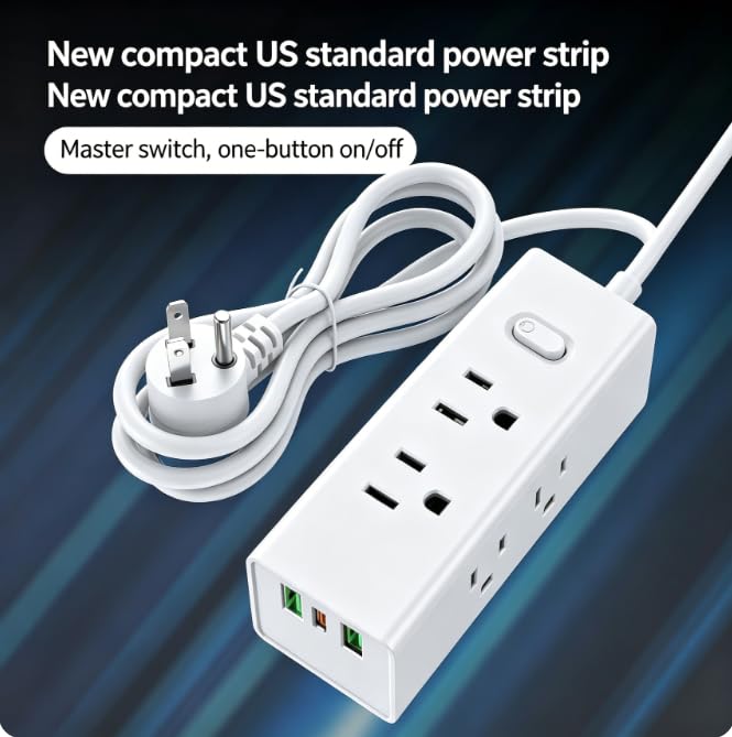 Regleta protector contra sobretensiones - Cable de extensión de 1.22 metros con 6 tomas anchas y 3 puertos USB (1 USB C), extensible para montaje en pared, enchufe plano, para viaje, hogar, oficina y dormitorio universitario, Blanco miniatura 3