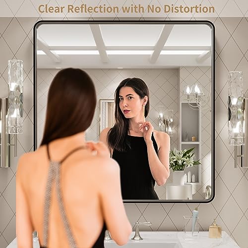 LOAAO 30x30 Inch Black Metal Framed Bathroom Mirror for Wall, Matte Black Bathroom Vanity Mirror Farmhouse, Large Rounded Rectangle Mirror, Anti-Rust, Hangs Horizontally or Vertically