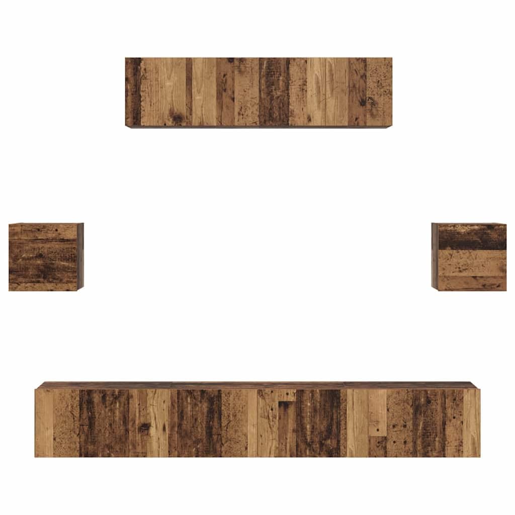 TV-Schrankset Wandmontiert, 7-teilig, Altholz Holzwerkstoff, Modernes Media Center für Wohnzimmer, Schlafzimmer, Robustes Design, Hohe Tragfähigkeit