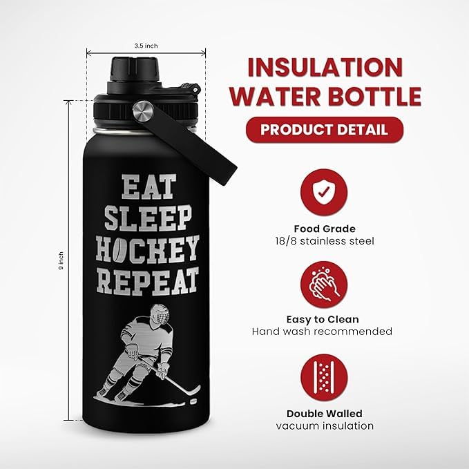 Image of SANDJEST Ice Hockey Insulated Engraved Stainless Steel Water Bottle 32oz, Vacuum Chug Lid Travel Tumbler For Men Friends Hockey Lovers Fans Coaches,Birthday Christmas