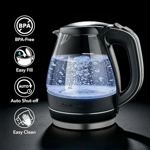 Image of OVENTE Electric Kettle, 1.5L Borosilicate Glass Countertop Water Heater and Boiler for Coffee or Tea, BPA-Free, Auto Shut-Off, Boil-Dry Protection, Removable and Washable Spout Filter, Black KG83B