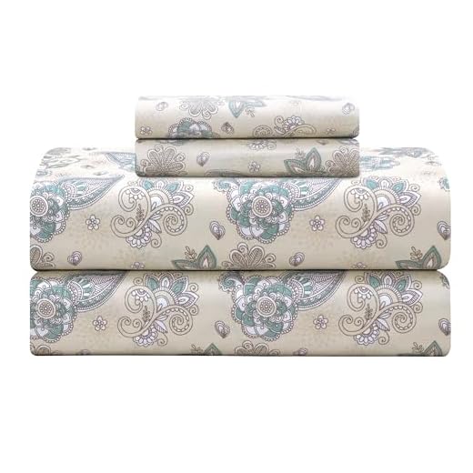 Feather & Stitch Softest 100% Cotton Sheets, 300 Thread Count Percale Weave Bedding, 16" Deep Pocket, Cooling Sheets, Breathable Bed Set, Hotel Premium Quality (Queen, Beige Paisley)