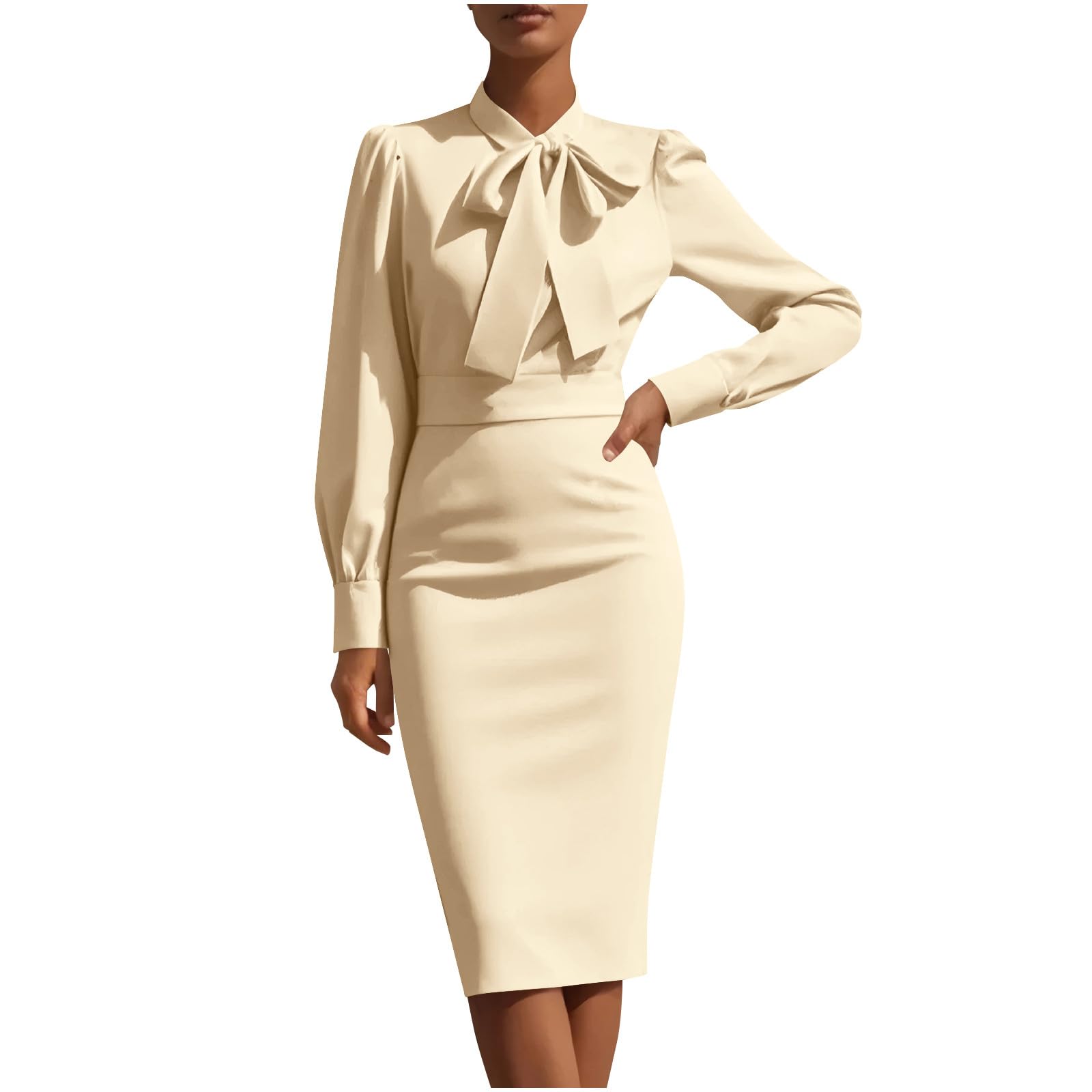 HGps8w Womens Wear to Work Pencil Dresses Elegant Tie Neck Knee Lenght Long Sleeve Bodycon Business Party Dress