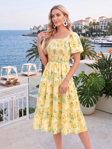 Image of Bbonlinedress Womens Casual Floral Summer Smocked Beach Party Boho Midi Square Neck Dress