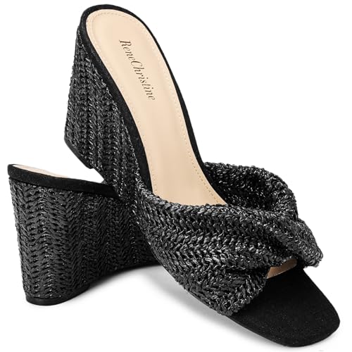Women's Wedges Heeled Slippers Fabric Heels Slip on Comfy Evening Dress Woven Sandals Square Toe Shoes for Women 3.3" Heels3