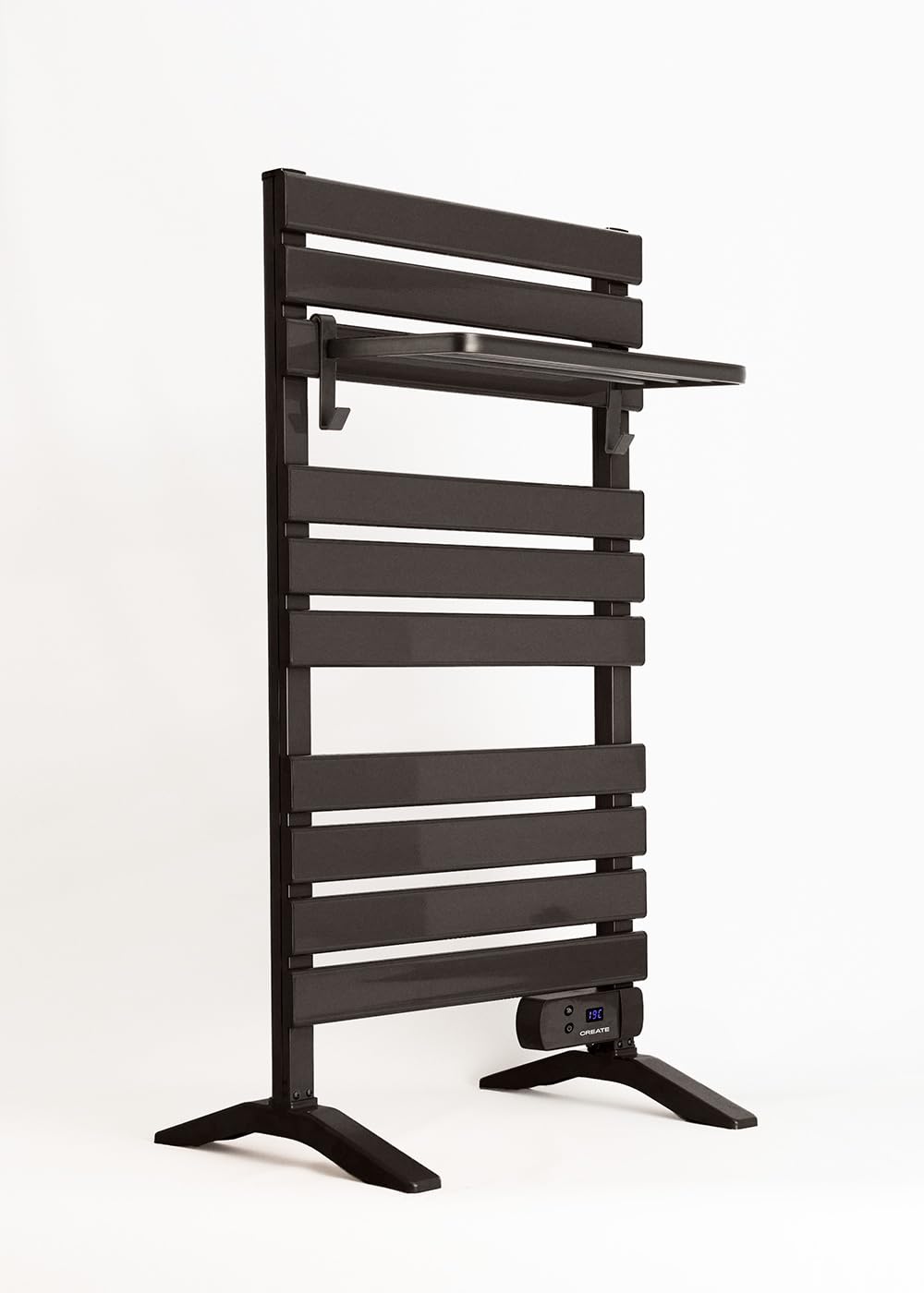CREATE / Warm Towel 500W / Scaldasalviette Nero con Piedi e ripiano / 103x5x55 cm/per Pavimento o Parete, Timer, Schermo LCD, Basso consumo.