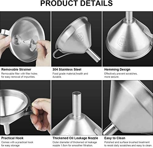 Funnel,Stainless Steel Funnels with Handle & Detachable Strainer,300 Mesh Filter Food Filter Straining Kitchen Funnel for Transferring Liquid,Oil, Juice,Coffee,Wine and Making Jam(13 cm /5.1in)