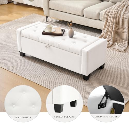 Image of Huatean Home 43 inch Ottoman with Storage, White Storage Ottoman Bench with Safety Hinge, Upholstered Entryway Bench with Seating for Bedroom, Living Room, Holds up to 330 lb
