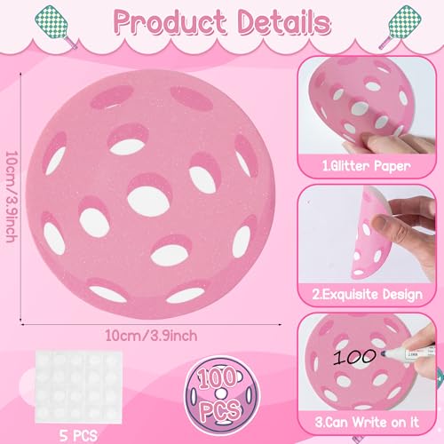 Image of Glitter Pickleball Cutouts - 100Pcs Pink Sport Ball Bulletin DIY Paper Cuts Party Decoration Pickleball Shaped Glitter Paper Cutouts for Girls Player Sport Party Supplies Birthday Classroom Wall Decor