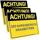 PRINTIMA 3x Schild "ACHTUNG! GEFAHRENBEREICH – KRANBETRIEB" 32x21cm PVC – Warnschild mit Montagematerial – Kranarbeiten sicher kennzeichnen für Industrie, Lager & Baustellen