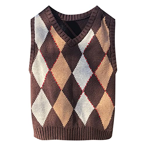 Gilet di lana da donna, plaid, colore a contrasto, maglia corta, senza maniche, elegante, alla moda, femminile, marrone, S