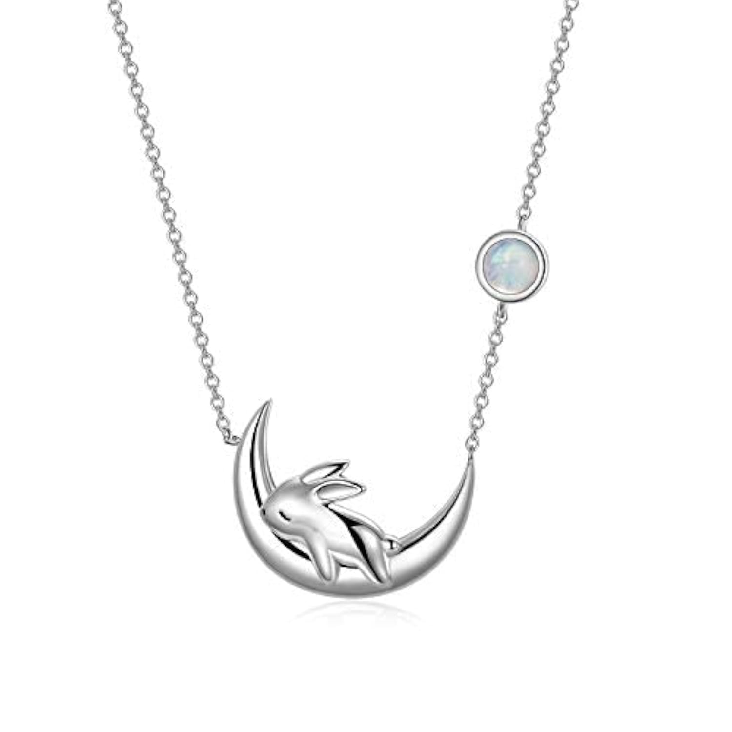 PEIMKO Sterling Silver Cute Bunny on the Moon Necklace for Women, Simulated Moonstone Pendant Necklaces,Birthday Gift for Women Girls