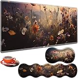 ZHUHEHEAH 大型ゲーミングテーブルパッド 31.5インチ x 11.8インチ + キーボードリストパッド + マウスリストパッド + コースター ノンスリップベース 4イン1セット、人間工学に基づいたメモリーフォーム、タイピングの痛みの緩和、ワイルドフラワー