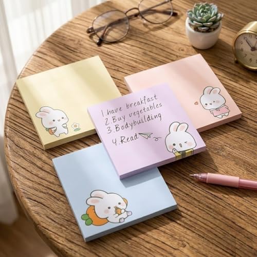 Image of Cute Cartoon RABIT Sticky Notes | Pastel Memo Pad Set | Study & Office Use - Pack of 4 | 80 Sheets Per Pack | 3.15x3.15in Self-Stick Note Pads (RABIT Sticky Notes)