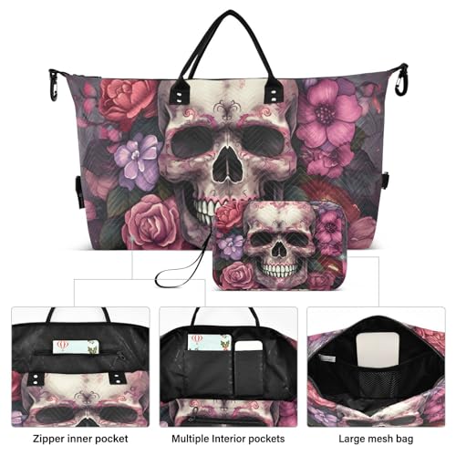 Large Travel Duffel Bag, Purple Floral and Skull Sports Tote Gym Bag, Shoulder Weekender Overnight Bag for Women Men, Carry On Luggage with Toiletry Bags2