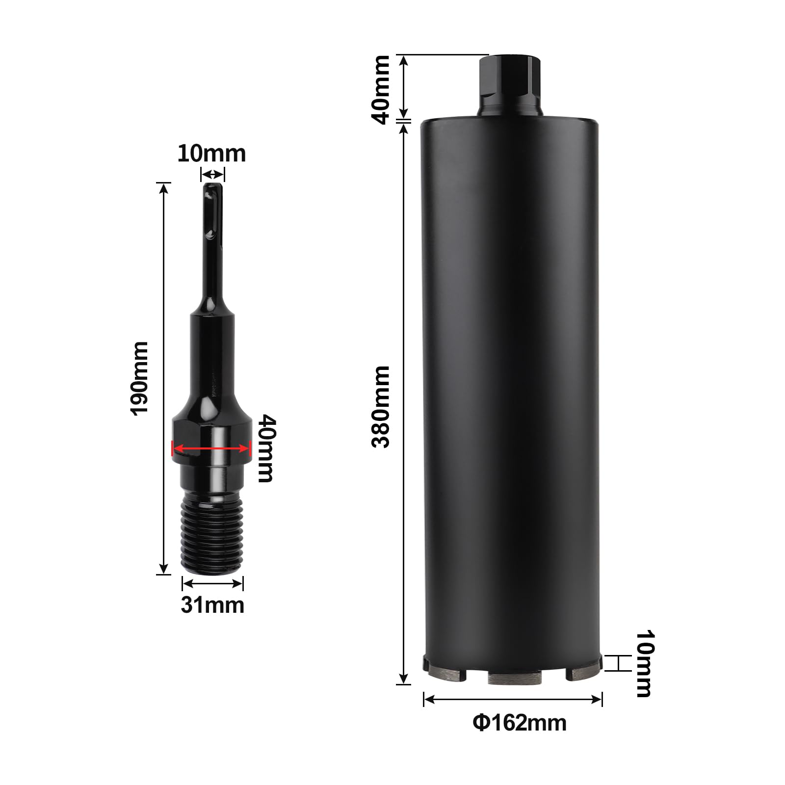 CPROSP 1¼" UNC diamentowa koronka wiertnicza z adapterem SDS Plus, koronka rdzeniowa DM 162 mm, L 420 mm, wiertło rdzeniowe do wiercenia w betonie, żelbetie, murze i kamieniu