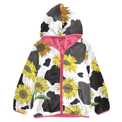 OTVEE Cow Print with Sunflowers Kids Hoodie Jacket Fall Spring Full Zip Warm Outwear Coat