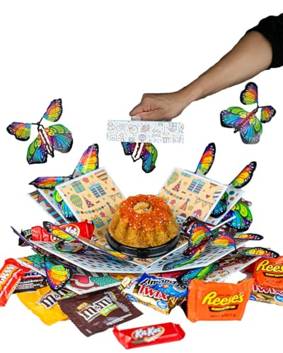 Image of Birthday Explosion Box Gift with Flying Butterfly Surprise by Send A Cake, Vegan Carrot Bundt Cake & Candy - Birthday, Holiday, Special Occasion - Gift for Women, Men, Adults, Kids