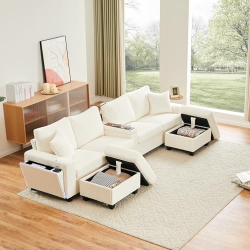 JCFEIDQW Paisaje residencial en forma de U, sofá modular, sofá con función de dormir, sofá cama con 2 taburetes, pana, lámpara de lectura, estante plegable, soporte para bebidas y USB, LED decorativo