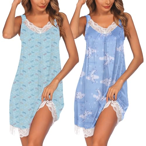 Image of Ekouaer Womens Nightgown 2 Pack Nightgown V Neck Lace Sleepwear Sleeveless Chemise Women's nightgowns & sleepshirts S-XXL