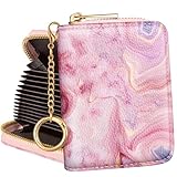 Bistup Credit Card Holder for Women Cute Small for Ladies Teen Girls Female Rfid Leather Cardholder Wallets with Keychain Accordion Organizer Purse Marble Girly Aesthetic Print Unique Zipper