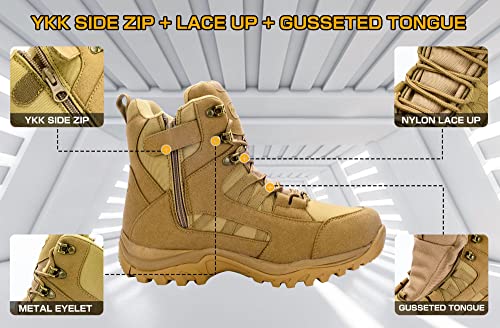 Image of Men's 6 inch YKK Side Zip Hiking Boots High Top Outdoor Sports Trekking Hiker Boot Brown 9 US