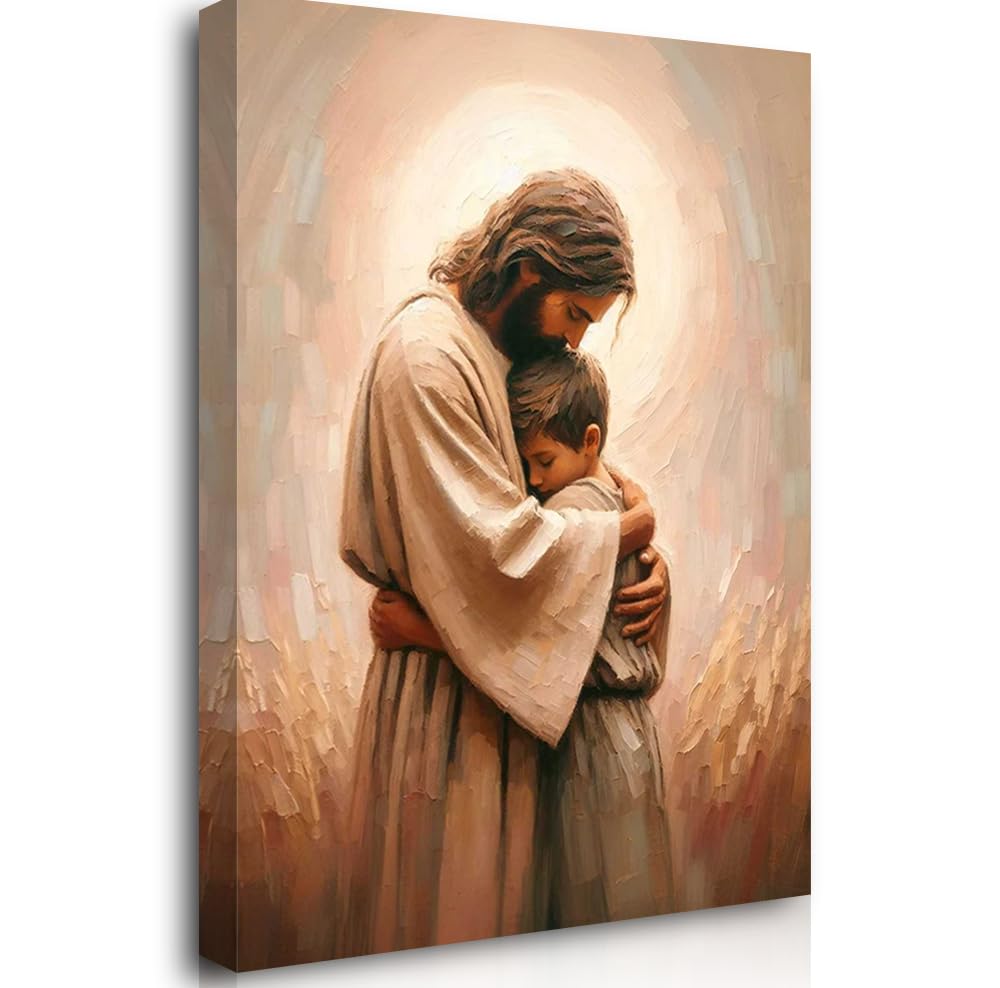 Reateforin Jesus with Boy Canvas Wall Art Christian Kids Room Wall Decoration Picture Jesus Hugs Children Paintings Wall Decor Watercolor Poster Print for Kids Room Bedroom Church Decorations 16"x24" — image 1