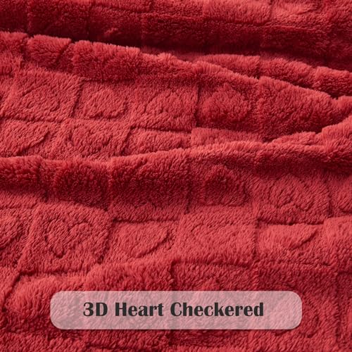 NEWCOSPLAY Super Soft Twin Blanket Red Premium Silky Flannel Fleece 3D Heart Checkered Lightweight Bed Blanket All Season Use (Red Heart, Twin(60"x80"))