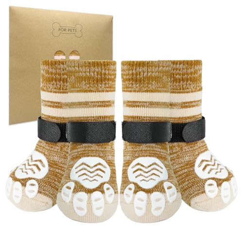 PUPTECK Anti-Slip Dog Socks with Double Sides Grips Booties, Traction on Hardwood Floors to Prevent Licking Paws, Dog Shoes for Cold Hot Pavement, for Medium Large Senior Dogs, Khaki L