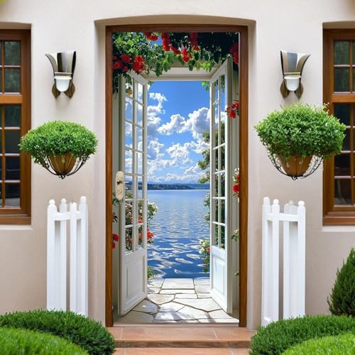 Bleu Sticker Porte Trompe-l’Œil 77x200 cm Lac et fenêtres allant du sol au plafond Autocollant Mural 3D PVC | Papier Peint Porte Salon Cuisine Chambre...