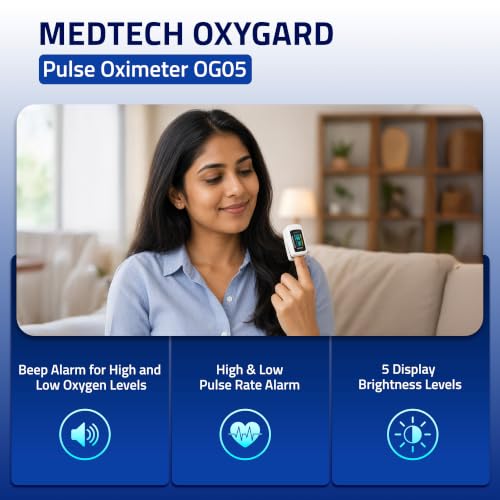 Image of Medtech OG05 - Fingertip Pulse Oximeter | Blood Oxygen Saturation and Heart Rate Monitor | SpO2 Oxygen Meter | Finger Pulse oximeter | 4 Parameters - Perfusion Index, Respiratory Rate, Oxygen Level and Pulse Rate | High Accuracy | 12 Months Warranty