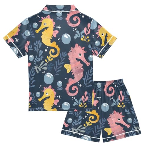 ALAZA Seahorse Leaves Navy Blue Satin Pajamas Set Short Sleeve Button Down Sleepwear Summer Pjs 2 Piece2
