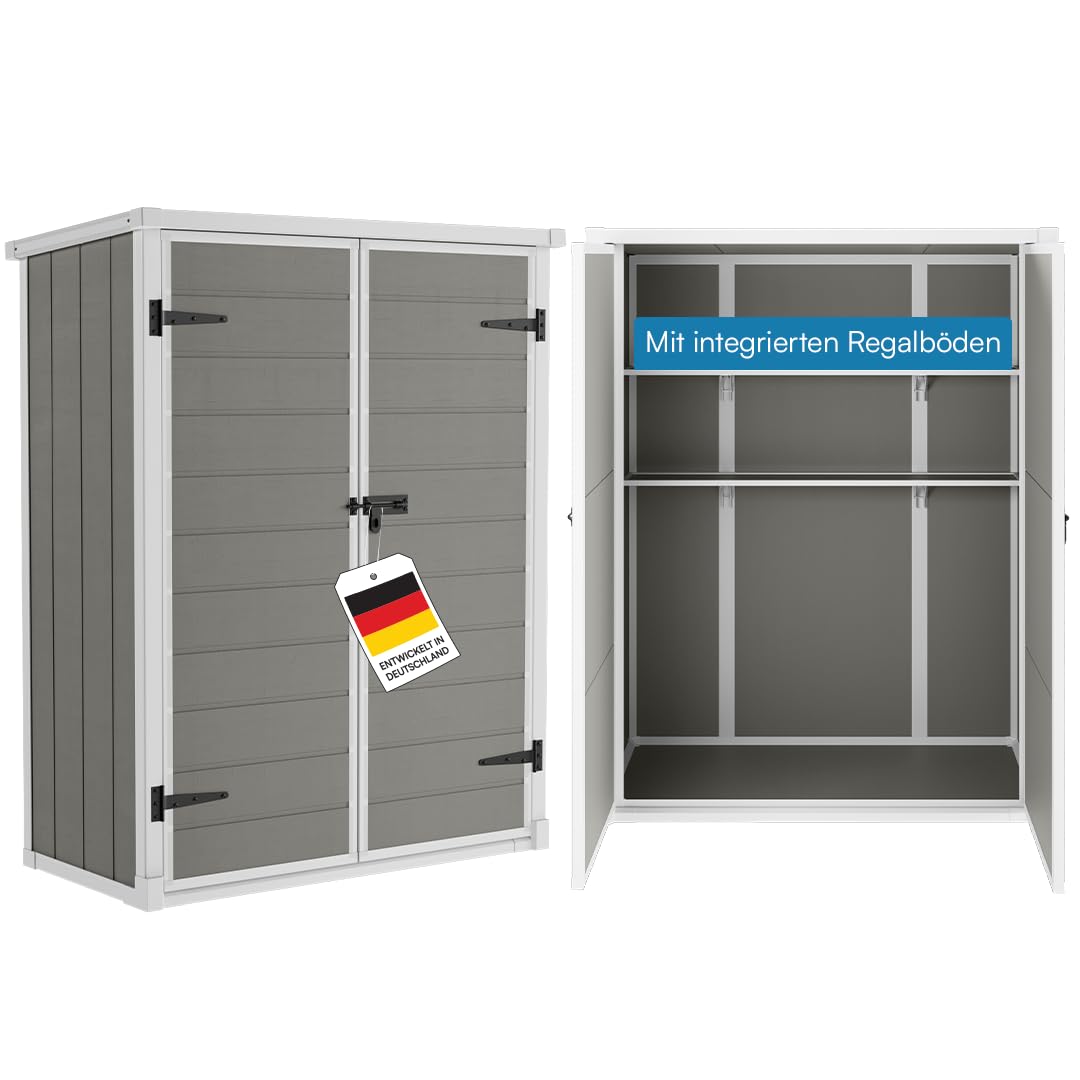 STEELSØN Novara Gerätehaus – Geräteschuppen mit Pultdach – Gartenhaus 170x68,5x134 cm (HxTxB) – Gartenschuppen aus Kunststoff Grau – Gartenhütte mit 2 Fächern – Gerätehütte rostfrei – Schuppen Garten