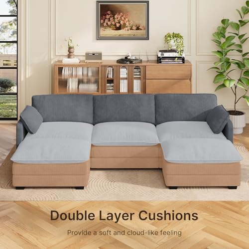 Image of Gizoon 110'' U Shaped Corduroy Comfy Sectional Couches for Living Room 3 Seater Cloudy Sofa with 2 Movable Ottomans Pet Friendly Cloud Couch for for Living Room Bedroom and Apartment, Gray