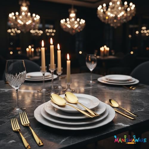 Image of Mirror Polished Gold 8 Pcs Stainless Steel Cutlery Set for Dining Table, Dishwasher Safe Glossy Flatware (2 Spoon Set + 2 Forks Set + 2 Butter Knife + 2 Dessert Spoon)