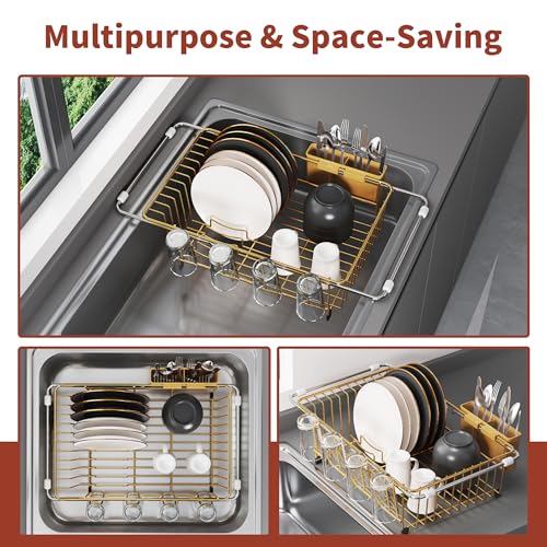 Image of JASIWAY Gold Dish Drying Rack in Sink, Dish Drainer with Utensil Holder